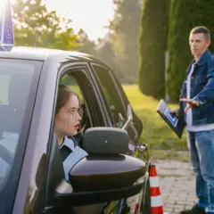 Młoda kobieta w okularach uczy się jeździć pod okiem instruktora. Widać, ile ważny jest kurs na prawo jazdy dla pewności siebie za kierownicą.