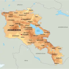 Mapa Armenii z zaznaczonymi miastami. Z kim graniczy Armenia? Z Gruzją, Azerbejdżanem, Iranem i Turcją.
