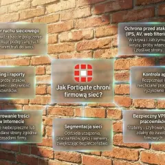 Diagram przedstawia funkcje Fortigate jako firewall: ochrona przed atakami, kontrola aplikacji, VPN, filtrowanie treści, segmentacja sieci, monitoring i raporty, filtr ruchu sieciowego.