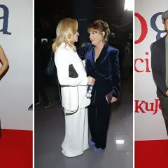 U pana Boga w Królowym Moście premiera: aktorka w czarnej sukni, dwie panie w eleganckich strojach i mężczyzna w czapce.