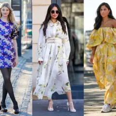Trzy kobiety w kwiecistych sukienkach. Zastanawiasz się, jakie buty do sukienki w kwiaty? Zobacz inspiracje: eleganckie czółenka, sandałki na obcasie i sportowe sneakersy.