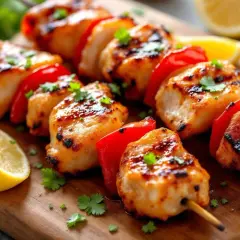 Brochettes de poulet grillées, juteuses et savoureuses, avec des morceaux de poivron rouge, garnies de coriandre fraîche et de quartiers de citron. La marinade brochette poulet a donné un goût exquis.