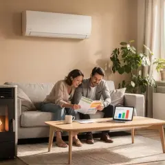 Un couple examine des factures près d'un poêle à granulés, symbole d'un chauffage économique et écologique.