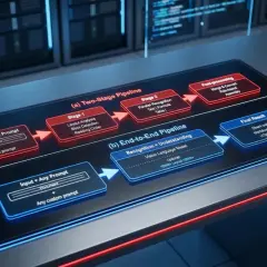 Diagrama muestra un pipeline de dos etapas para OCR, desde la entrada de documentos hasta el resultado final, con reconocimiento y procesamiento.