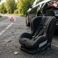Ein Kindersitz liegt neben einem stark beschädigten Auto am Straßenrand. Ein Warndreieck ist auf der Straße zu sehen. Ein trauriger Anblick nach einem Unfall.
