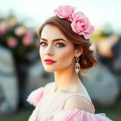 Kobieta w różowej sukience z różowego złota, ozdobiona kwiatami we włosach, z elegancką biżuterią.