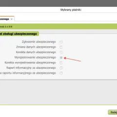 Wybór celu obsługi ubezpieczonego w systemie e-płatnik. Zaznaczono "Wyrejestrowanie ubezpieczonego", co może być związane z procesem w ZUS ZWUA.