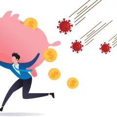 Mężczyzna ucieka z różową świnką-skarbonką, gdy nadlatują wirusy. Prawdziwe powody dla których ustawa o bezpiecznym kredycie 0% została wstrzymana.
