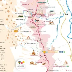 Carte de la route des vins en Loire Volcanique, avec des domaines viticoles, villages et boucles VTT/vélo.