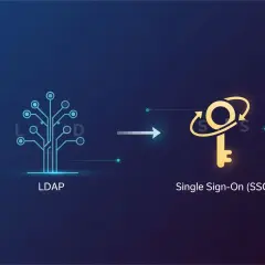 Illustration comparant LDAP, un arbre de connexions, à un SSO, une clé dorée symbolisant l'accès unique.