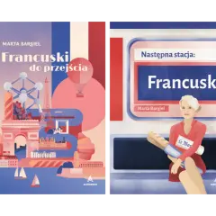 Okładki książek o nauce języka francuskiego. Jedna z Paryżem, druga z kobietą z bagietką w metrze. Podstawy francuskiego.