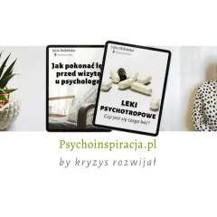 Książki o stresie i lęku: "Jak pokonać lęk przed wizytą u psychologa" i "Leki psychotropowe". Obok młoda kobieta i roślina.