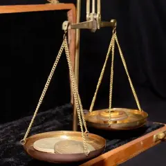 Złota waga szalkowa z monetami na jednej szalce i odważnikami na drugiej.