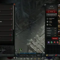 Interfejs Diablo 4: sprzedawca oferuje przedmioty, a gracz przegląda swoje statystyki i ekwipunek, szukając najlepszych aspektów.