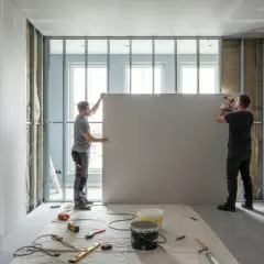Due operai montano una parete in cartongesso. Il costo per fare una parete in cartongesso varia in base a materiali e manodopera.