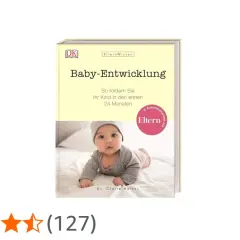 Ein Buchcover zeigt ein Baby, das auf dem Bauch liegt. Der Titel "Baby-Entwicklung" verspricht Tipps für den ersten Sprung des Babys.