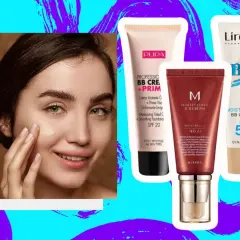 Kobieta aplikuje krem BB na twarz, obok trzy tubki kosmetyków z filtrem SPF.