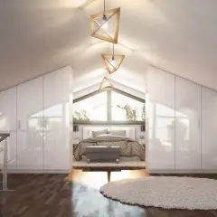 Modern Schlafzimmer mit weißen Einbauschränken, die den Raum optisch aus einem zimmer zwei machen. Ein Bett mit Blick auf die Fensterfront.