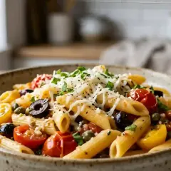 Un plat de pâtes à la sicilienne, garni de tomates cerises, d'olives noires, de câpres et de fromage râpé, prêt à être dégusté.