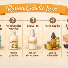 Rutina para cabello seco: champú hidratante, acondicionador nutritivo, leave-in, aceite capilar y secado suave. Un cuidado completo para tu melena.
