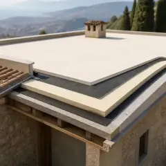 Sezione di un tetto che mostra strati per un miglior isolamento termico. Vista panoramica di una casa con vista mare.
