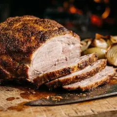 Saftiges, **schnelles Fleisch aus dem Ofen**, perfekt geschnitten, mit gerösteten Zwiebeln und einem Messer auf einem Holzbrett.