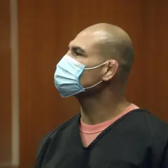 En skallig man med ljusblå mask bär en svart överdel över en rosa tröja. Harry Goularte ser ut att vara i en rättegångssal.