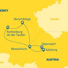 Mapa pokazuje trasę podróży przez Niemcy i Austrię, z zaznaczonymi miastami: Norymberga, Rothenburg ob der Tauber, Monachium, Oberndorf i Salzburg.