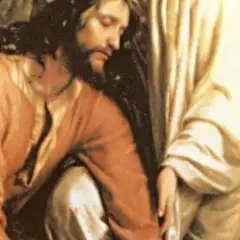 Jezus pochyla się nad klęczącym człowiekiem, jakby mówił: szukajcie a znajdziecie.