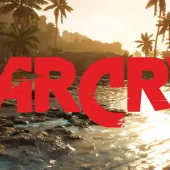 Tropikalna plaża z palmami i wodą, na pierwszym planie czerwony napis "FAR CRY". Czekamy na Far Cry 7!