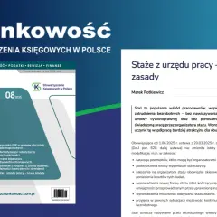 Okładka pisma "Rachunkowość" z numerem 08/2025 i artykułem o stażach z urzędu pracy.