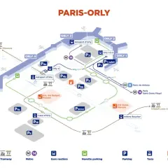 Plan du Paris-Orly montrant les terminaux, parkings, navettes, tramway T7, métro M14 et RER B.