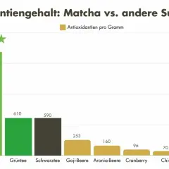 Matcha ist gesund: Der Balken zeigt 1685 Antioxidantien pro Gramm, weit mehr als andere Superfoods wie Goji-Beeren oder Spinat.