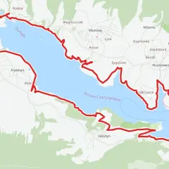 Mapa z zaznaczoną trasą rowerową wokół Jeziora Czorsztyńskiego, łączącą Szczawnicę i Czorsztyn.