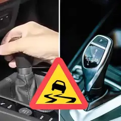 Vänster bild visar en hand som växlar manuellt, höger en automatisk växelspak. Varning för halt väglag.