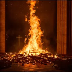 Płomienie ognia unoszą się wysoko, gdy notre-dame płonie. W tle widać krzyż.