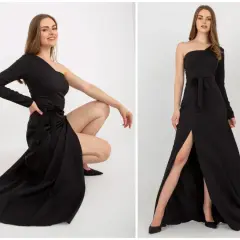 Elegancka, czarna sukienka wieczorowa z jednym rękawem i rozcięciem na nodze. Oryginalne sukienki wieczorowe dla każdej kobiety.