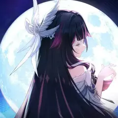 Anime-Figur mit langen schwarzen Haaren und einem weißen Kopfschmuck vor einem großen Mond. Genshin Leaks zeigen neue Charaktere.