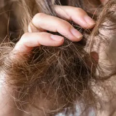 Mano acariciando un mechón de pelo seco y enredado, mostrando la textura áspera y las puntas abiertas.