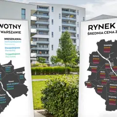Dwie mapy Warszawy z cenami mieszkań na rynku pierwotnym i wtórnym na tle nowoczesnego budynku.
