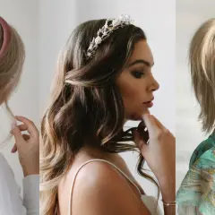 Tres estilos de peinados con diadema: trenza lateral, ondas sueltas con tiara y coleta alta con accesorio.