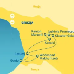 Mapa Gruzji z zaznaczonymi atrakcjami: Batumi, Gonio, Kutaisi, Kanion Martwili, Jaskinia Prometeusza, Klasztor Gelati, Wodospad Mchuntseti.