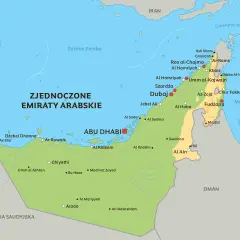 Mapa Zjednoczonych Emiratów Arabskich. Widać tu m.in. Abu Zabi, Dubaj, Szardżę, Ras al-Chajmę, Fudżajrę, a także sąsiednie kraje jak Katar, Iran, Arabię Saudyjską i Oman.