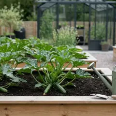 En frodig zucchini planta växer i en upphöjd bädd. En grön vattenkanna och en spade ligger bredvid.