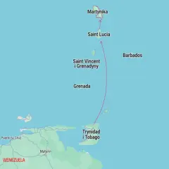 Mapa pokazuje, gdzie leżą Karaiby: Martynika, Saint Lucia, Saint Vincent i Grenadyny, Grenada, Trynidad i Tobago, Barbados, blisko Wenezueli.