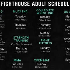 Fighthouse Adult Schedule: Boxing, Muay Thai, Jiu Jitsu, Wrestling, MMA, Strength Training, Fight Fittness, and Open Mat classes. Includes a professional boxing training schedule.