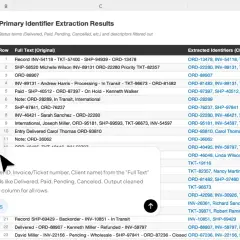 Risultati estrazione identificatori primari, un foglio di calcolo diverso da vuoto Excel, con dati organizzati in colonne.