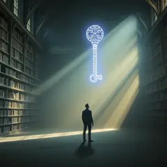 W wielkiej bibliotece, człowiek w garniturze szuka czegoś. W powietrzu unosi się świetlisty klucz, symbol wiedzy i odkryć.