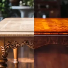 Comparaison avant/après d'un meuble en merisier poncé, révélant sa beauté naturelle sous un vernis profond et chaleureux.