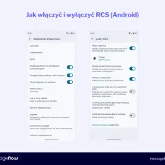 Ekran telefonu pokazuje ustawienia czatów RCS. Aby wyłączyć czat RCS, przejdź do "Ustawienia Wiadomości", a następnie "Czaty RCS" i wyłącz opcję "Włącz czaty RCS".